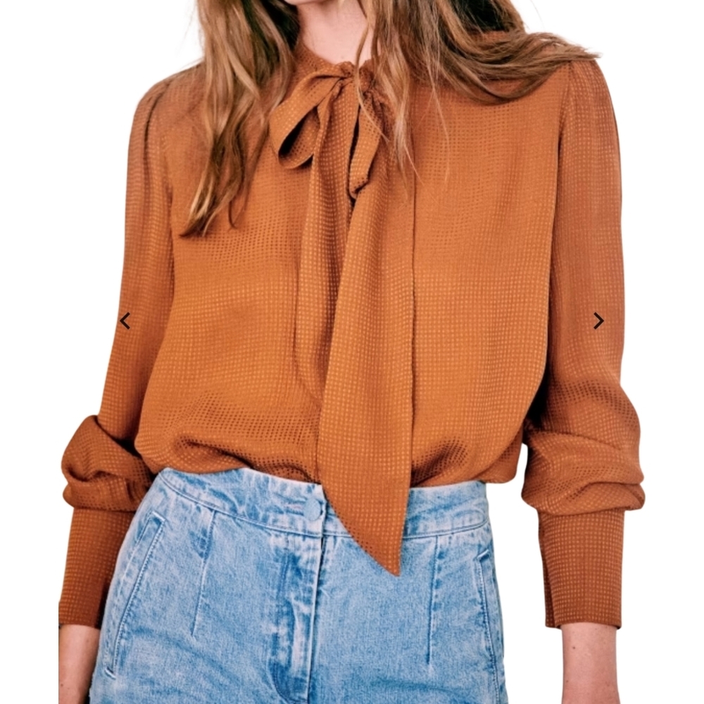 Sezane 38 Silk "Laurya" Blouse Button Up Pussybow Long Sleeve Top  Rust